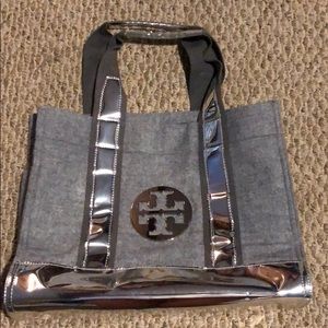 TORY BURCH wool grey and reflective tote